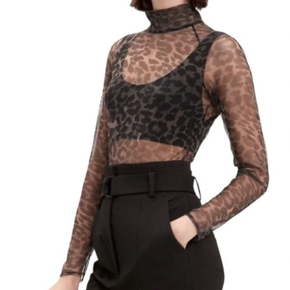Fleur Du Mal Leopard Mesh Mock Neck Bodysuit